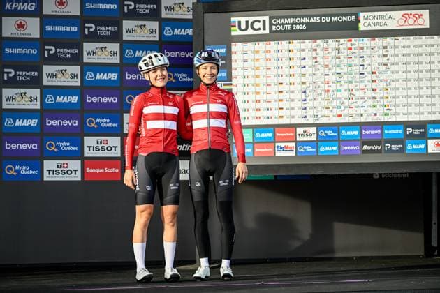 Danish Solbjork Anderson and Danish Cecilie Ludwig pictured at the podium before the elite women Road Race race (180,4 km) at the cycling World Championship, WM, Weltmeisterschaft in Montreal, Canada, Saturday 26 September 2026. The UCI road world championships are taking place from 20 to 27 September, in Montreal, Canada. JASPERxJACOBS  x187882165x