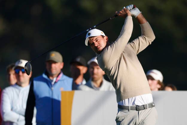 International team player Nick Taylor of Canada tees off on the second hole during the third round of the 2026 President s Cup golf tournament at Medinah Country Club in Chicago, Illinois, on Saturday, September 26, 2026.  CHI20260926708 TANNENxMAURY