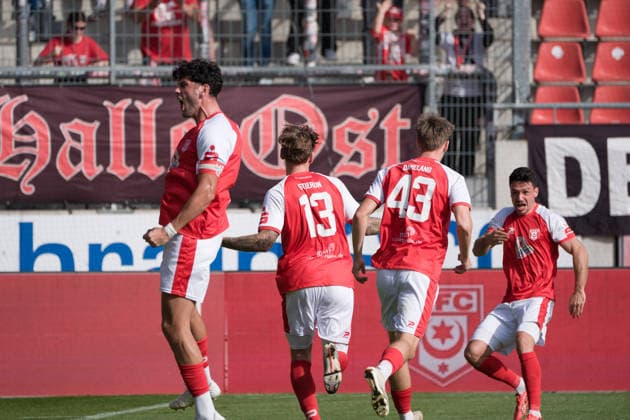 HFC celebrates after scoring the 3-2 goal, Hallescher FC vs. BFC Preussen 1894 e.V., Soccer, Regionalliga Nordost, Matchday 11, 2026-27 Season, September 26, 2026, Halle Leuna Chemie Stadium, ST Deutschland