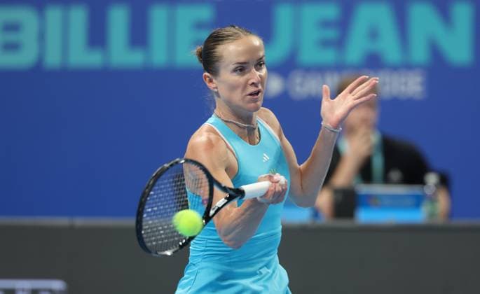 Elina Svitolina pictured in action during the tennis match between Svitolina and Paolini, in the the tie between Ukraine and Italy in the Semi Finals of the Billie King Cup tournament, on Saturday 26 September 2026 in Shenzhen, China. VIRGINIExLEFOUR  x187881305x