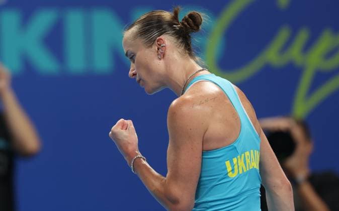 Elina Svitolina reacts during the tennis match between Svitolina and Paolini, in the the tie between Ukraine and Italy in the Semi Finals of the Billie King Cup tournament, on Saturday 26 September 2026 in Shenzhen, China. VIRGINIExLEFOUR  x187881328x