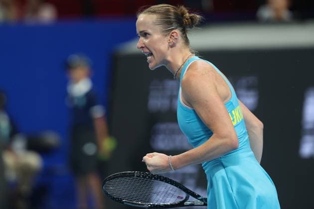 Elina Svitolina reacts during the tennis match between Svitolina and Paolini, in the the tie between Ukraine and Italy in the Semi Finals of the Billie King Cup tournament, on Saturday 26 September 2026 in Shenzhen, China. VIRGINIExLEFOUR  x187881334x