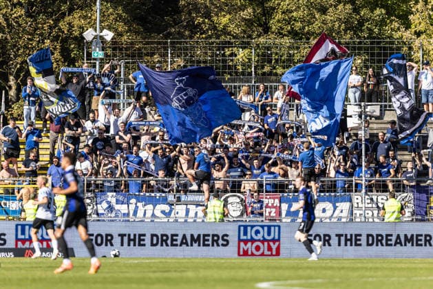 SSV Ulm 1846 Soccer vs. SV Eintracht Trier, Soccer, Regionalliga Southwest, Matchday 9, Donaustadion Ulm, September 26, 2026—SV Eintracht Trier fans in the visitors’ section; SSV Ulm 1846 soccer fans vs. SV Eintracht Trier, soccer, Regionalliga Southwest, Matchday 9, Donaustadion, Ulm, September 26, 2026. Photo by Lucca Fundel. Ulm, Donaustadion, Baden-Württemberg, Germany
