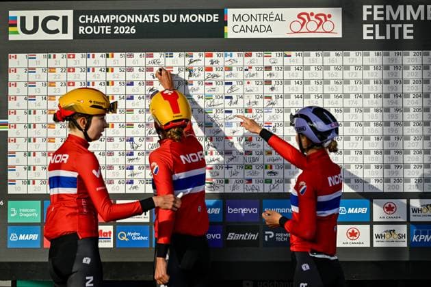 Norwegian Marte Berg Edseth; Norwegian Sigrid Ytterhus Haugset and Norwegian Tiril Jorgensen pictured on the podium before the elite women Road Race race (180,4 km) at the cycling World Championship, WM, Weltmeisterschaft in Montreal, Canada, Saturday 26 September 2026. The UCI road world championships are taking place from 20 to 27 September, in Montreal, Canada. JASPERxJACOBS  x187882362x