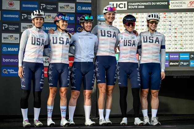 American Grace Arlandson; American Kate Courtney; American Kristen Faulkner; American Alexis Magner; American Natalie Quinn and American Lauren Stephens pictured on the podium before the elite women Road Race race (180,4 km) at the cycling World Championship, WM, Weltmeisterschaft in Montreal, Canada, Saturday 26 September 2026. The UCI road world championships are taking place from 20 to 27 September, in Montreal, Canada. JASPERxJACOBS  x187882363x