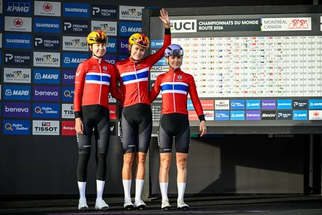 Norwegian Marte Berg Edseth; Norwegian Sigrid Ytterhus Haugset and Norwegian Tiril Jorgensen pictured on the podium before the elite women Road Race race (180,4 km) at the cycling World Championship, WM, Weltmeisterschaft in Montreal, Canada, Saturday 26 September 2026. The UCI road world championships are taking place from 20 to 27 September, in Montreal, Canada. JASPERxJACOBS  x187882366x