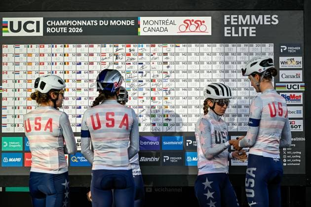 American Grace Arlandson; American Kate Courtney; American Kristen Faulkner; American Alexis Magner; American Natalie Quinn and American Lauren Stephens pictured on the podium before the elite women Road Race race (180,4 km) at the cycling World Championship, WM, Weltmeisterschaft in Montreal, Canada, Saturday 26 September 2026. The UCI road world championships are taking place from 20 to 27 September, in Montreal, Canada. JASPERxJACOBS  x187882360x