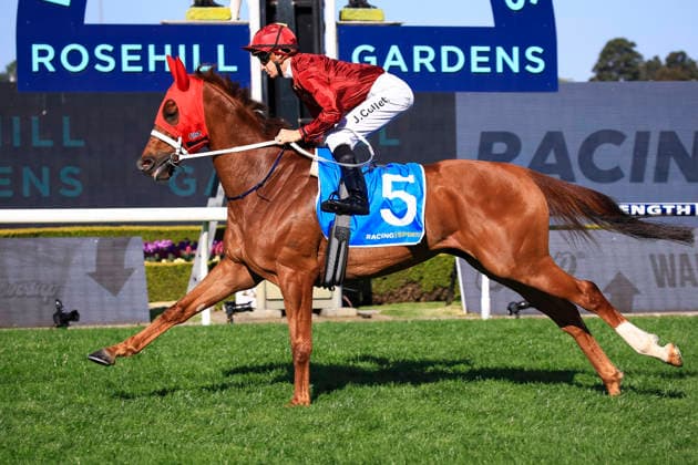 26th September 2026; Rosehill Gardens Racecourse, Sydney, Australia; Yulong Golden Rose Day Horse Racing; Toyota Forklifts Handicap, Pinhole, trained by Chris Waller, Jockey Damian Mitchell Lane acknowledges winning the race KevinxManning