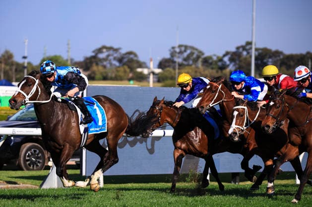 26th September 2026; Rosehill Gardens Racecourse, Sydney, Australia; Yulong Golden Rose Day Horse Racing; Racingsports.com.au Golden Pendant, Lazzura, trained by Chris Waller, Jockey James Brett McDonald leads the filed towards the finishing post KevinxManning