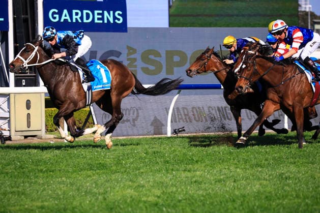 26th September 2026; Rosehill Gardens Racecourse, Sydney, Australia; Yulong Golden Rose Day Horse Racing; Racingsports.com.au Golden Pendant, Lazzura, trained by Chris Waller, Jockey James Brett McDonald crosses the finishing post to win the race KevinxManning