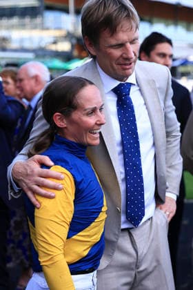 26th September 2026; Rosehill Gardens Racecourse, Sydney, Australia; Yulong Golden Rose Day Horse Racing; Yulong Golden Rose, Bjorn Baker, trainer of Warwoven, congratulates Jockey Rachel King after winning the race KevinxManning