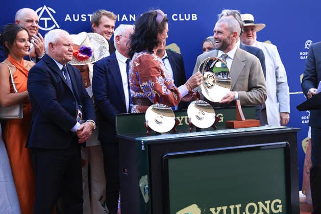 26th September 2026; Rosehill Gardens Racecourse, Sydney, Australia; Yulong Golden Rose Day Horse Racing; on behalf of the winning owners Mitch Cunningham accepts the winners awards KevinxManning