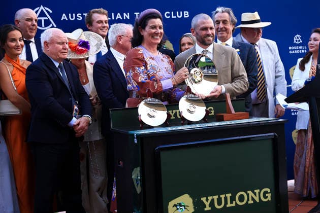 26th September 2026; Rosehill Gardens Racecourse, Sydney, Australia; Yulong Golden Rose Day Horse Racing; on behalf of the winning owners Mitch Cunningham accepts the winners awards KevinxManning