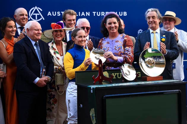 26th September 2026; Rosehill Gardens Racecourse, Sydney, Australia; Yulong Golden Rose Day Horse Racing; Yulong Golden Rose, Jockey of Warwoven Rachel King, receives her winners award KevinxManning