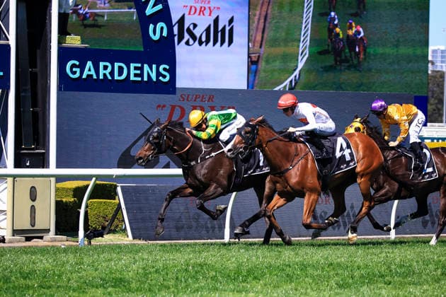 26th September 2026; Rosehill Gardens Racecourse, Sydney, Australia; Yulong Golden Rose Day Horse Racing; Asahi Super Dry Colin Stephen Quality, So You Are, trained by Bjorn Baker, Jockey Rachel King leads the race to the finish line KevinxManning