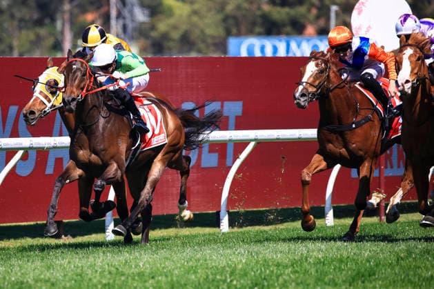 26th September 2026; Rosehill Gardens Racecourse, Sydney, Australia; Yulong Golden Rose Day Horse Racing; Toyota Forklifts Handicap, Anthracite, trained by Joseph Pride, Jockey Andrew Adkins leads the field to the finishing post KevinxManning