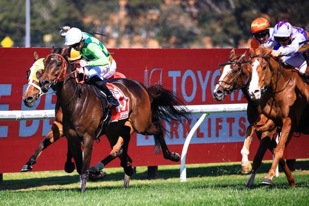 26th September 2026; Rosehill Gardens Racecourse, Sydney, Australia; Yulong Golden Rose Day Horse Racing; Toyota Forklifts Handicap, Anthracite, trained by Joseph Pride, Jockey Andrew Adkins leads the field to the finishing post KevinxManning