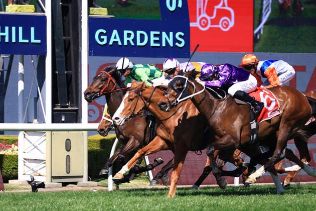 26th September 2026; Rosehill Gardens Racecourse, Sydney, Australia; Yulong Golden Rose Day Horse Racing; Toyota Forklifts Handicap, Pinhole, trained by Chris Waller, Jockey Damian Mitchell Lane crosses the line in a photo finish KevinxManning