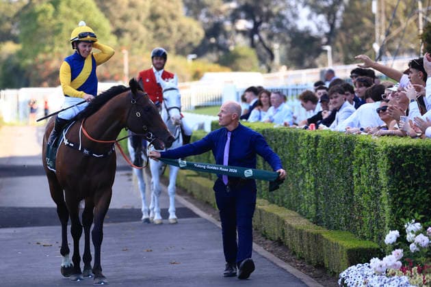 26th September 2026; Rosehill Gardens Racecourse, Sydney, Australia; Yulong Golden Rose Day Horse Racing; Yulong Golden Rose, Warwoven, trained by Bjorn Baker, Jockey Rachel King walks to the winners circle KevinxManning