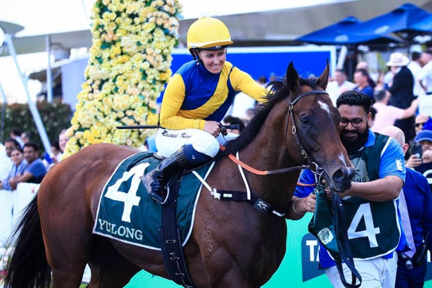 26th September 2026; Rosehill Gardens Racecourse, Sydney, Australia; Yulong Golden Rose Day Horse Racing; Yulong Golden Rose, Warwoven, trained by Bjorn Baker, Jockey Rachel King pats the horse after winning the race KevinxManning