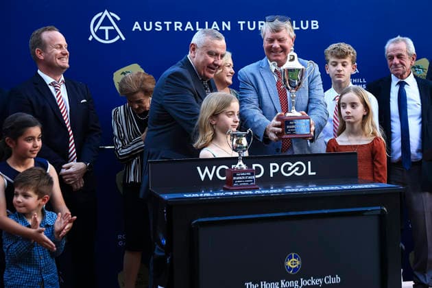 26th September 2026; Rosehill Gardens Racecourse, Sydney, Australia; Yulong Golden Rose Day Horse Racing; representative of owners of Skyhook receives the winners award KevinxManning