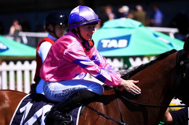 26th September 2026; Rosehill Gardens Racecourse, Sydney, Australia; Yulong Golden Rose Day Horse Racing; Midway Handicap, Call Me Sassy, trained by David Pfieffer, Jockey Mollie May Fitzgerald pats her horse KevinxManning