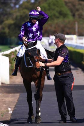 26th September 2026; Rosehill Gardens Racecourse, Sydney, Australia; Yulong Golden Rose Day Horse Racing; Toyota Forklifts Handicap, Pinhole, trained by Chris Waller, Jockey Damian Mitchell Lane enters the winners circle KevinxManning