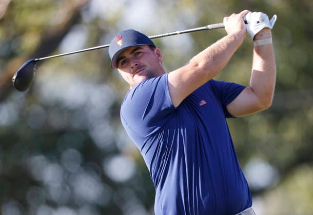Chris Gotterup of the United States tees off on the fourth hole in a four-ball match during the third round of the 2026 President s Cup golf tournament at Medinah Country Club in Chicago, Illinois, on Saturday, September 26, 2026.  CHI20260926709 TANNENxMAURY