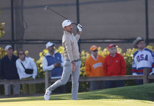 International team player Nick Taylor of Canada hits from the fairway on the third hole in a four-ball match during the third round of the 2026 President s Cup golf tournament at Medinah Country Club in Chicago, Illinois, on Saturday, September 26, 2026.  CHI20260926711 TANNENxMAURY