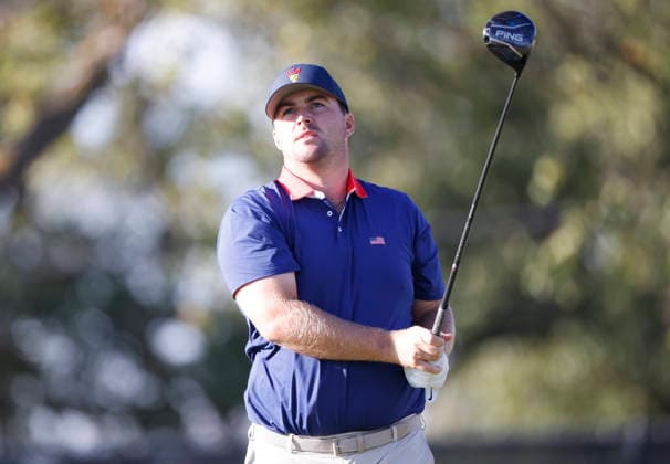 Chris Gotterup of the United States tees off on the fourth hole in a four-ball match during the third round of the 2026 President s Cup golf tournament at Medinah Country Club in Chicago, Illinois, on Saturday, September 26, 2026.  CHI20260926712 TANNENxMAURY