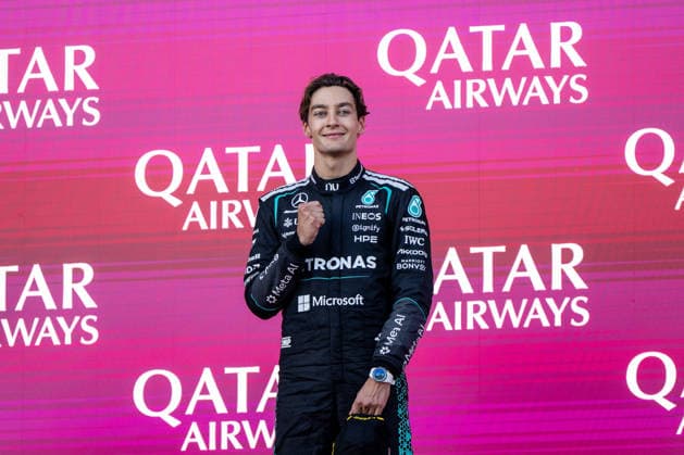 September 26, 2026, AZE, Motorsports, FIA Formula 1 World Championship, 2026 Season, Baku City Circuit, Azerbaijan Grand Prix: George Russell of the Mercedes AMG Petronas F1 Team, Great Britain, No. 63, celebrates his victory on the podium at the Baku City Circuit in Baku, Azerbaijan Copyright: xNordphoto Memmlerx