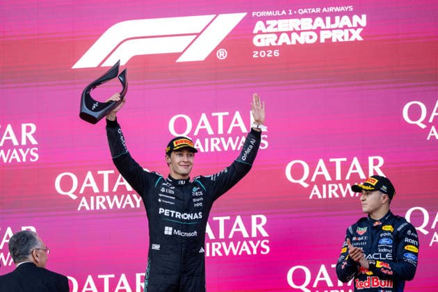 September 26, 2026, AZE, Motorsports, FIA Formula 1 World Championship, 2026 Season, Baku City Circuit, Azerbaijan Grand Prix: George Russell of the Mercedes AMG Petronas F1 Team, Great Britain, No. 63, celebrates his victory on the podium at the Baku City Circuit in Baku, Azerbaijan Copyright: xNordphoto Memmlerx