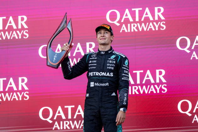 September 26, 2026, AZE, Motorsports, FIA Formula 1 World Championship, 2026 Season, Baku City Circuit, Azerbaijan Grand Prix: George Russell of the Mercedes AMG Petronas F1 Team, Great Britain, No. 63, celebrates his victory on the podium at the Baku City Circuit in Baku, Azerbaijan Copyright: xNordphoto Memmlerx