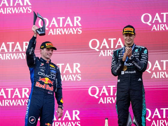 September 26, 2026, AZE, Motorsports, FIA Formula 1 World Championship, 2026 Season, Baku City Circuit, Azerbaijan Grand Prix: Max Verstappen of Oracle Red Bull Racing (Netherlands), No. 03, celebrates his second-place finish on the podium during the award ceremony, alongside George Russell of the Mercedes AMG Petronas F1 Team (United Kingdom), No. 63, in Baku at the Baku City Circuit, Azerbaijan Copyright: xNordphoto Memmlerx