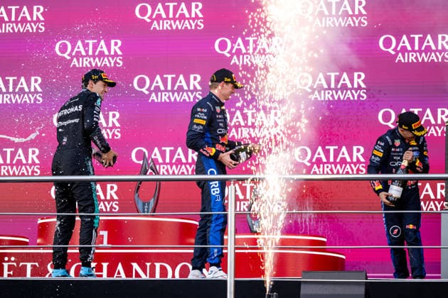 September 26, 2026, AZE, Motorsports, FIA Formula 1 World Championship, 2026 Season, Baku City Circuit, Azerbaijan Grand Prix: George Russell of the Mercedes AMG Petronas F1 Team (United Kingdom), 63, and Max Verstappen of Oracle Red Bull Racing (Netherlands), 03, Isack Hadjar, Oracle Red Bull Racing, France, 06, celebrate on the podium during the award ceremony in Baku at the Baku City Circuit, Azerbaijan Copyright: xNordphoto Memmlerx