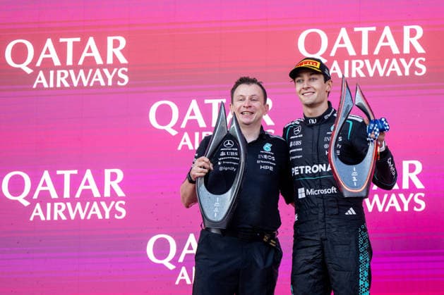 September 26, 2026, AZE, Motorsports, FIA Formula 1 World Championship, 2026 Season, Baku City Circuit, Azerbaijan Grand Prix: George Russell of the Mercedes AMG Petronas F1 Team (United Kingdom), 63, and Chris Nelson of the Mercedes AMG Petronas F1 Team celebrate their victory on the podium at the awards ceremony in Baku, Baku City Circuit, Azerbaijan Copyright: xNordphoto Memmlerx