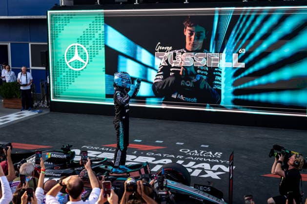 September 26, 2026, AZE, Motorsports, FIA Formula 1 World Championship, 2026 Season, Baku City Circuit, Azerbaijan Grand Prix: George Russell of the Mercedes AMG Petronas F1 Team (Great Britain), No. 63, celebrates his victory in the Parc Ferme in Baku, Baku City Circuit, Azerbaijan Copyright: xNordphoto Memmlerx