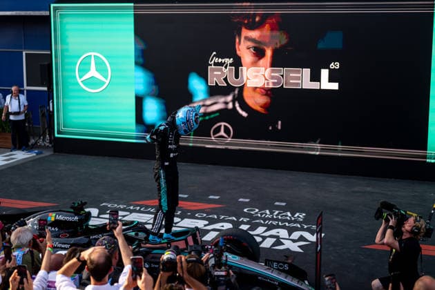 September 26, 2026, AZE, Motorsports, FIA Formula 1 World Championship, 2026 Season, Baku City Circuit, Azerbaijan Grand Prix: George Russell of the Mercedes AMG Petronas F1 Team (Great Britain), No. 63, celebrates his victory in the Parc Ferme in Baku, Baku City Circuit, Azerbaijan Copyright: xNordphoto Memmlerx