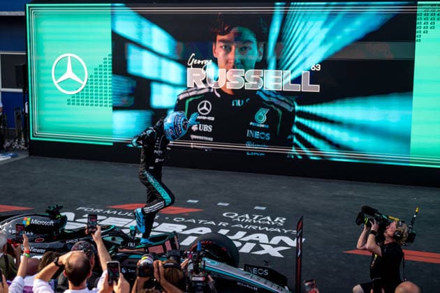 September 26, 2026, AZE, Motorsports, FIA Formula 1 World Championship, 2026 Season, Baku City Circuit, Azerbaijan Grand Prix: George Russell of the Mercedes AMG Petronas F1 Team (Great Britain), No. 63, celebrates his victory in the Parc Ferme in Baku, Baku City Circuit, Azerbaijan Copyright: xNordphoto Memmlerx
