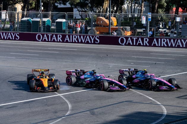 September 26, 2026, AZE, Motorsports, FIA Formula 1 World Championship, 2026 Season, Baku City Circuit, Azerbaijan Grand Prix: Lando Norris, McLaren Mastercard Formula 1 Team, Great Britain, 01 in the MCL40, Pierre Gasly, BWT Alpine F1 Team, France, No. 10 in the Alpine A526; Franco Colapinto, BWT Alpine F1 Team, Argentina, No. 43 in the Alpine A526, crashed in Turn 1 after the restart; Baku, Baku City Circuit, Azerbaijan Copyright: xNordphoto Memmlerx