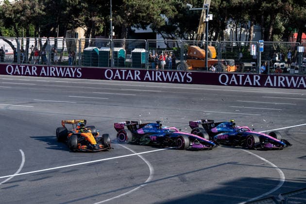 September 26, 2026, AZE, Motorsports, FIA Formula 1 World Championship, 2026 Season, Baku City Circuit, Azerbaijan Grand Prix: Lando Norris, McLaren Mastercard Formula 1 Team, Great Britain, 01 in the MCL40, Pierre Gasly, BWT Alpine F1 Team, France, No. 10 in the Alpine A526; Franco Colapinto, BWT Alpine F1 Team, Argentina, No. 43 in the Alpine A526, crashed in Turn 1 after the restart; Baku, Baku City Circuit, Azerbaijan Copyright: xNordphoto Memmlerx