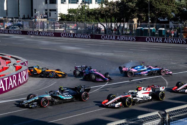 September 26, 2026, AZE, Motorsports, FIA Formula 1 World Championship, 2026 Season, Baku City Circuit, Azerbaijan Grand Prix: Lando Norris, McLaren Mastercard Formula 1 Team, United Kingdom, No. 01 in the MCL40; Pierre Gasly, BWT Alpine F1 Team, France, No. 10 in the Alpine A526; Franco Colapinto, BWT Alpine F1 Team, Argentina, No. 43 in the Alpine A526; crashed in Turn 1 after the restart; previously Andrea Kimi Antonelli, Mercedes AMG Petronas F1 Team, Italy, No. 12 in the F1 W17, Oliver Bearman, Toyota Gazoo Racing Haas F1 Team, Great Britain, No. 87 in the VF 26, Baku City Circuit, Azerbaijan Copyright: xNordphoto Memmlerx