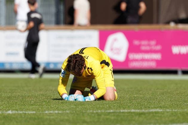 Leopold Leimeister 1, TSV Landsberg, on his knees and looking disappointed during the match between TSV Landsberg and SpVgg Ansbach, soccer, men s, Bavarian Regional League, 2026–2027, Matchday 11 on September 26, 2026, in Landsberg am Lech, Sportpark, Bavaria, Germany