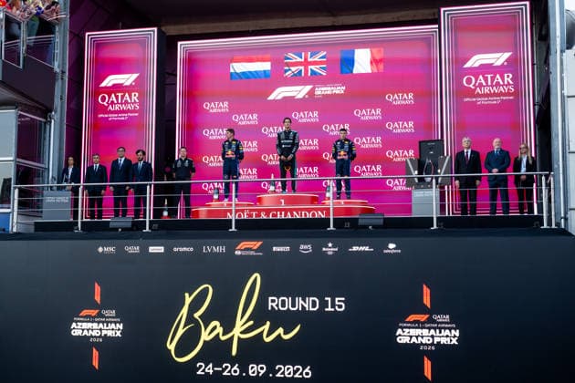 September 26, 2026, AZE, Motorsports, FIA Formula 1 World Championship, 2026 Season, Baku City Circuit, Azerbaijan Grand Prix: Max Verstappen, Oracle Red Bull Racing, Netherlands, 03, George Russell, Mercedes AMG Petronas F1 Team, United Kingdom, 63, Isack Hadjar, Oracle Red Bull Racing, France, 06, on the podium at the awards ceremony in Baku, Baku City Circuit, Azerbaijan Copyright: xNordphoto Memmlerx