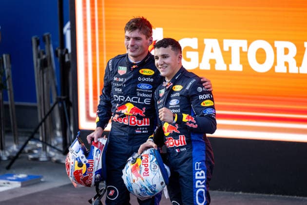 September 26, 2026, AZE, Motorsports, FIA Formula 1 World Championship, 2026 Season, Baku City Circuit, Azerbaijan Grand Prix: Max Verstappen of Oracle Red Bull Racing (Netherlands), 03, and Isack Hadjar of Oracle Red Bull Racing (France), 06, celebrate their double podium finish—2nd and 3rd place—at the Baku City Circuit in Baku, Azerbaijan. Copyright: xNordphoto Memmlerx