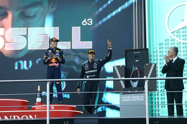 George Russell wins Azerbaijan Grand Prix BAKU, AZERBAIJAN - SEPTEMBER 26: Mercedes driver George Russell (R) celebrates after winning the Azerbaijan Grand Prix, the 15th race of the 2026 Formula 1 World Championship, WM, Weltmeisterschaft season, in Baku, Azerbaijan, on September 26, 2026. Resul Rehimov Anadolu Baku Azerbaijan. Editorial use only. Please get in touch for any other usage.  Copyright: x2026xAnadoluxResulxRehimovx