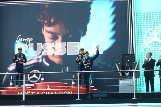 George Russell wins Azerbaijan Grand Prix BAKU, AZERBAIJAN - SEPTEMBER 26: Mercedes driver George Russell (C) celebrates after winning the Azerbaijan Grand Prix, the 15th race of the 2026 Formula 1 World Championship, WM, Weltmeisterschaft season, in Baku, Azerbaijan, on September 26, 2026. Resul Rehimov Anadolu Baku Azerbaijan. Editorial use only. Please get in touch for any other usage.  Copyright: x2026xAnadoluxResulxRehimovx