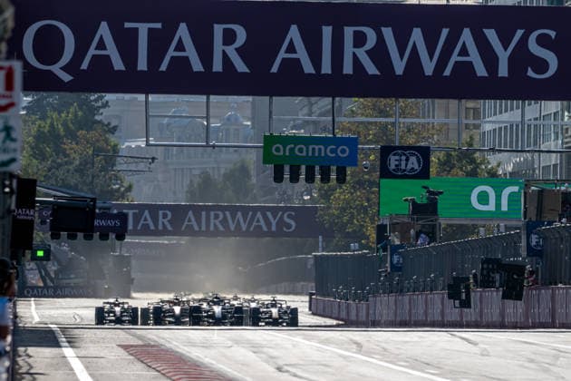 BAKU, AZERBAIJAN: George Russell wins the Azerbaijan Grand Prix from Max Verstappen and Isack Hadjar during the 2026 Formula 1 Azerbaijan Grand Prix at the Baku City Circuit in Baku, Azerbaijan