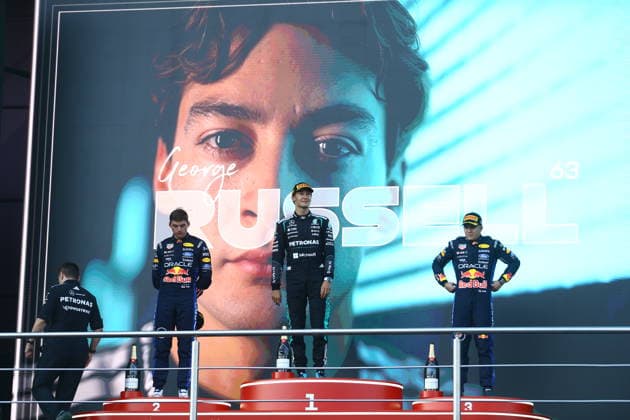 George Russell wins Azerbaijan Grand Prix BAKU, AZERBAIJAN - SEPTEMBER 26: Mercedes driver George Russell (2nd R) elebrates after winning the Azerbaijan Grand Prix, the 15th race of the 2026 Formula 1 World Championship, WM, Weltmeisterschaft season, in Baku, Azerbaijan, on September 26, 2026. Resul Rehimov Anadolu Baku Azerbaijan. Editorial use only. Please get in touch for any other usage.  Copyright: x2026xAnadoluxResulxRehimovx