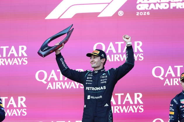 George Russell wins Azerbaijan Grand Prix BAKU, AZERBAIJAN - SEPTEMBER 26: Mercedes driver George Russell celebrates after winning the Azerbaijan Grand Prix, the 15th race of the 2026 Formula 1 World Championship, WM, Weltmeisterschaft season, in Baku, Azerbaijan, on September 26, 2026. Resul Rehimov Anadolu Baku Azerbaijan. Editorial use only. Please get in touch for any other usage.  Copyright: x2026xAnadoluxResulxRehimovx